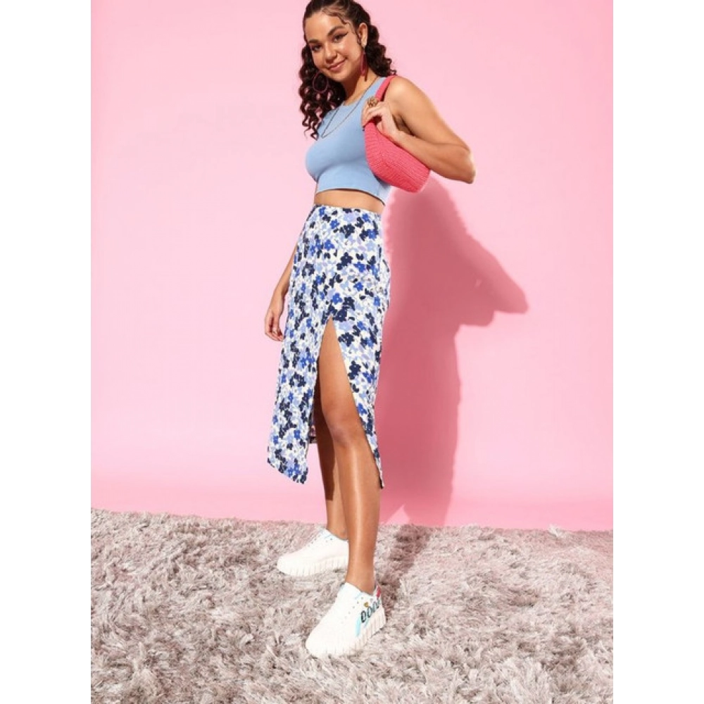 Women's Polyester Floral Side Zip Skirt (Blue - White) - Image 2