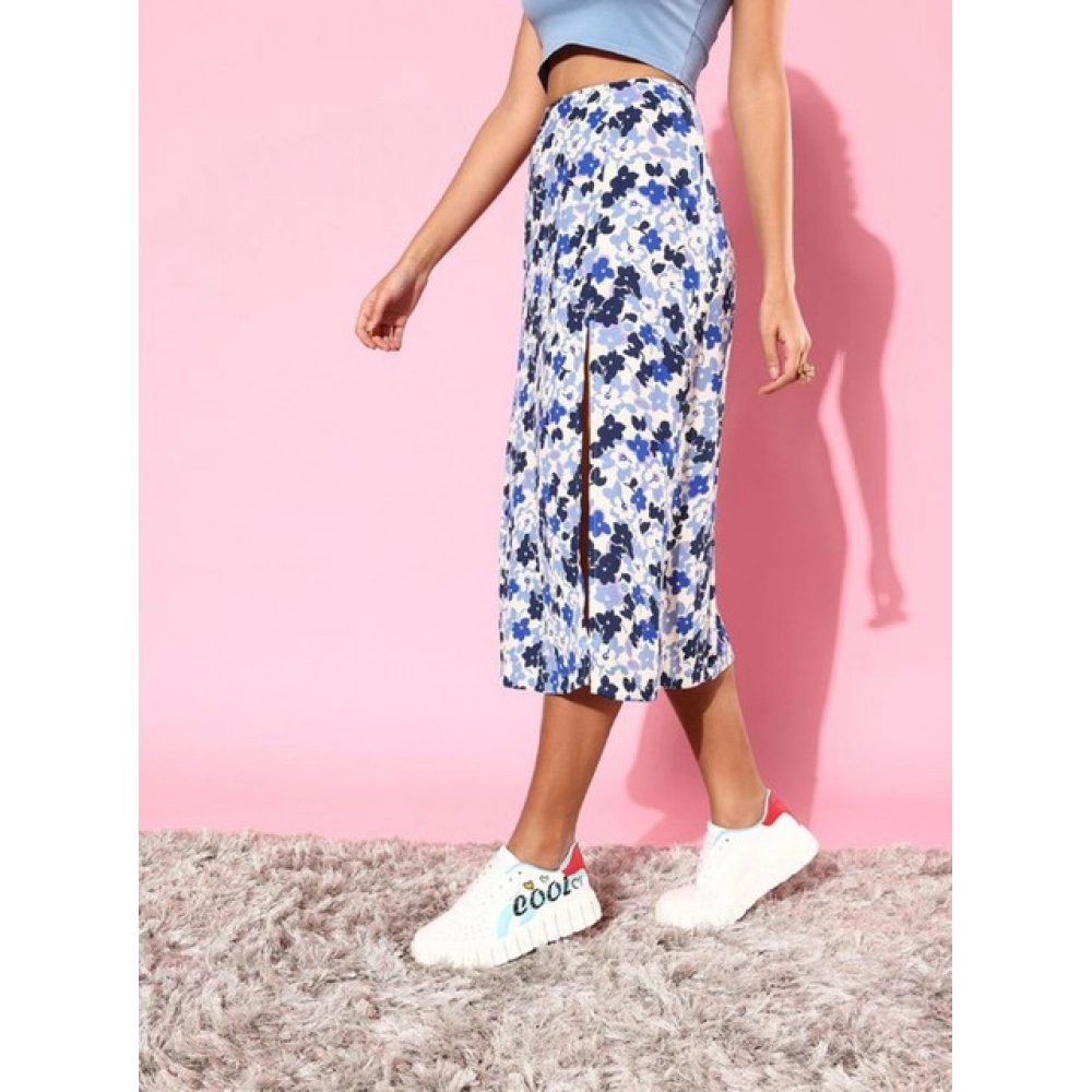 Women's Polyester Floral Side Zip Skirt (Blue - White) - Image 3