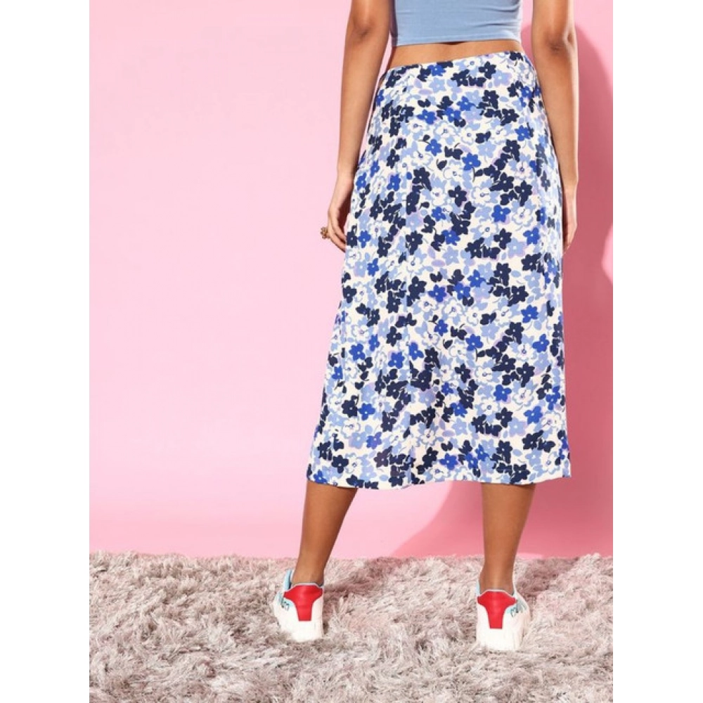 Women's Polyester Floral Side Zip Skirt (Blue - White) - Image 4