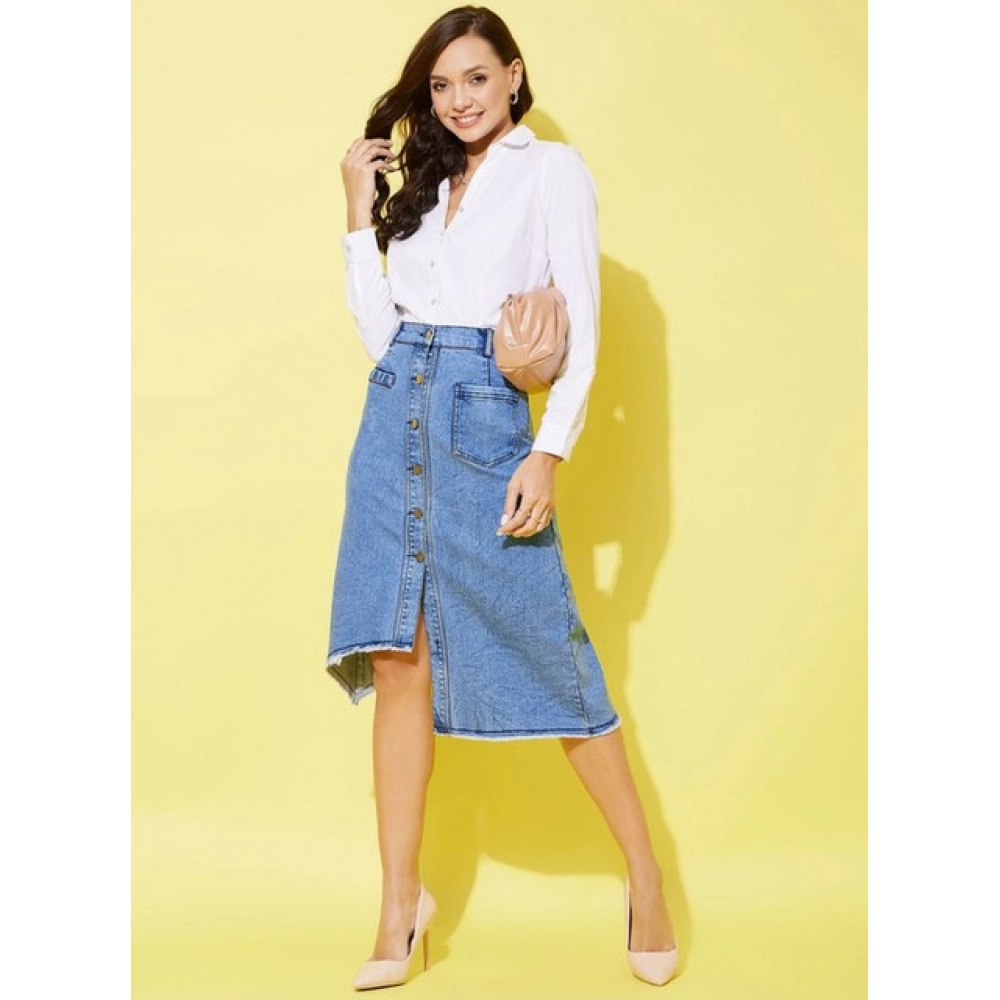 Women's Denim Hi Lo Buttoned Skirt (Blue) - Image 2