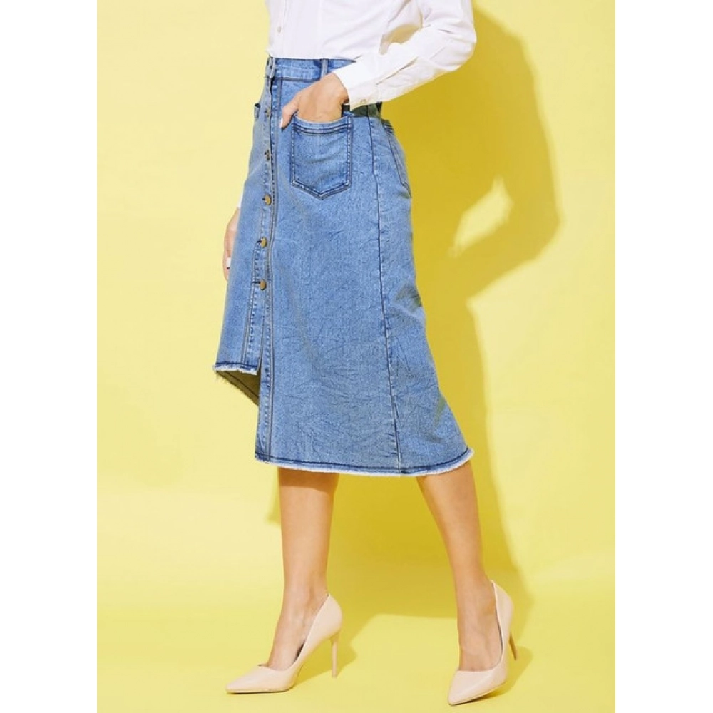 Women's Denim Hi Lo Buttoned Skirt (Blue) - Image 3