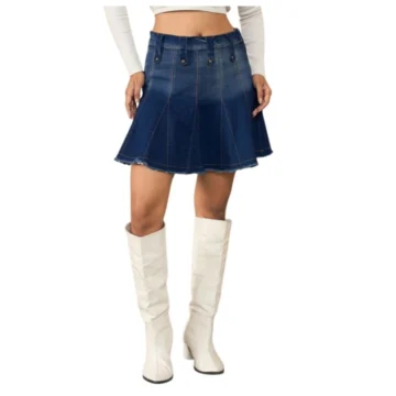 Women's Denim Washed Buttoned Skirt (Blue)