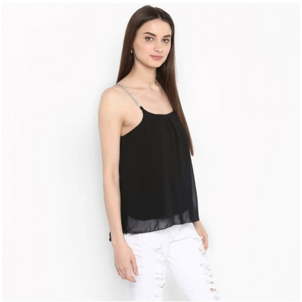 Women's Polyester Embellished Shoulder Straps Top (Black) - Image 4
