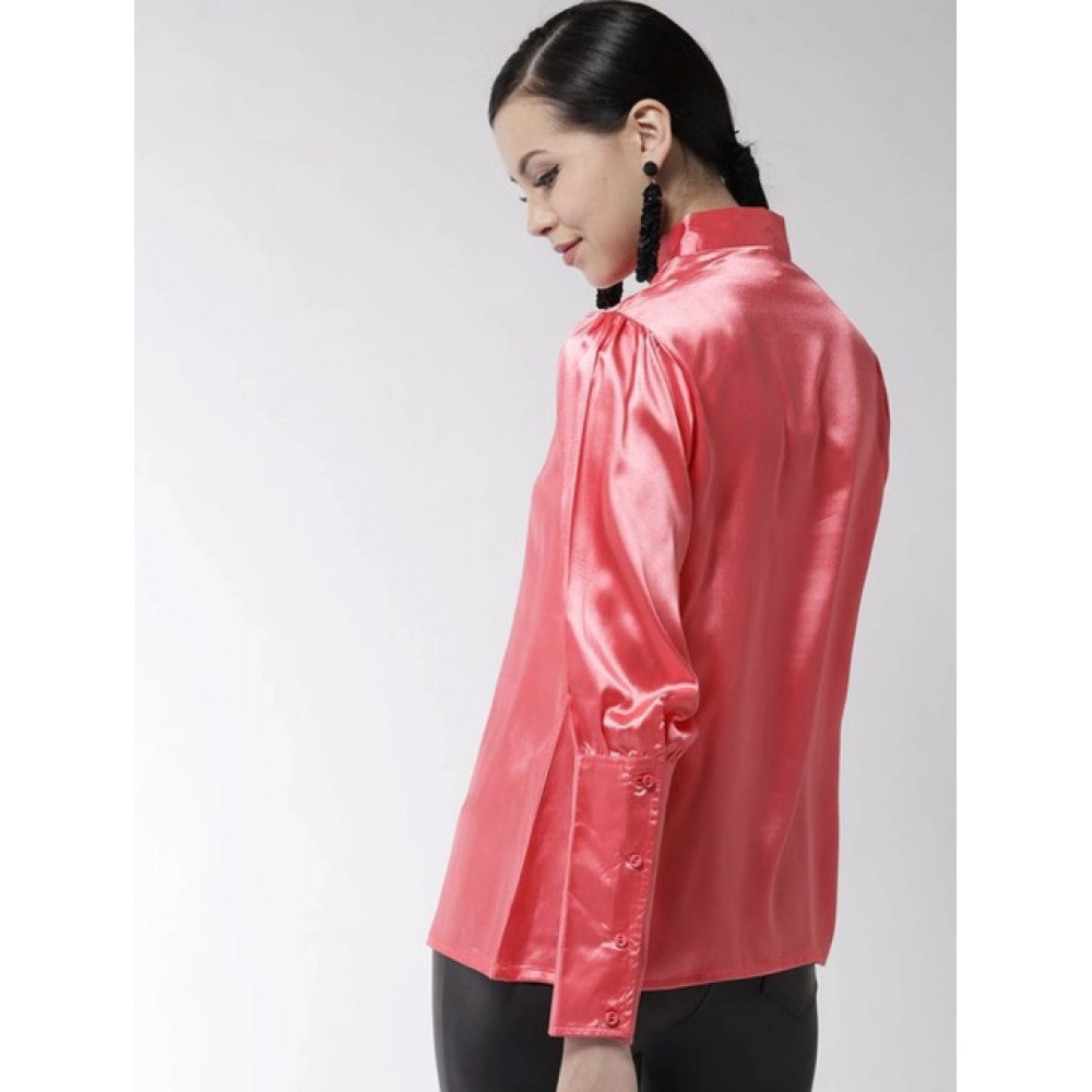 Women's Polyester Solid Long Sleeves Top (Coral) - Image 2
