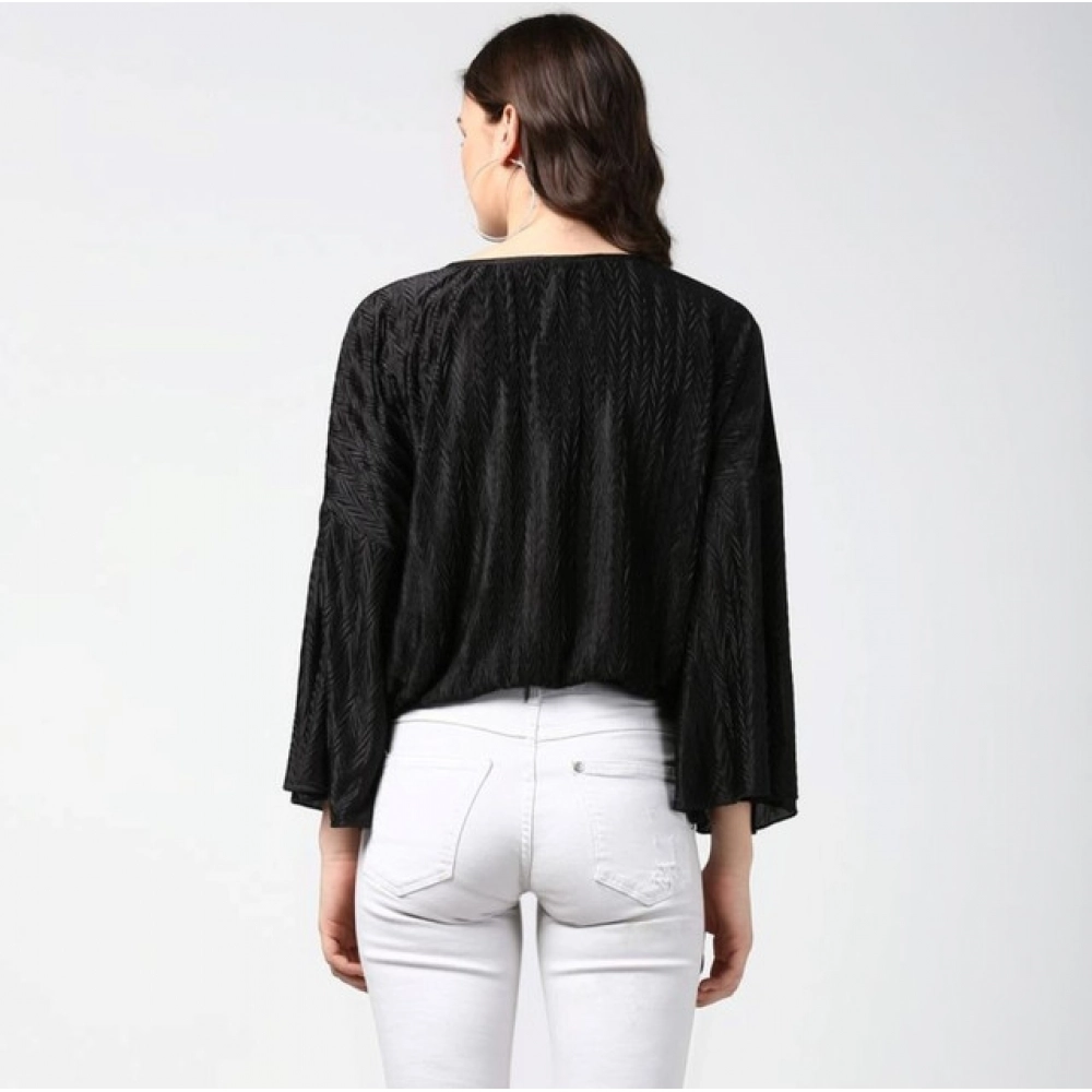 Women's Polyester Pleated Balloon Sleeve Top (Black) - Image 2