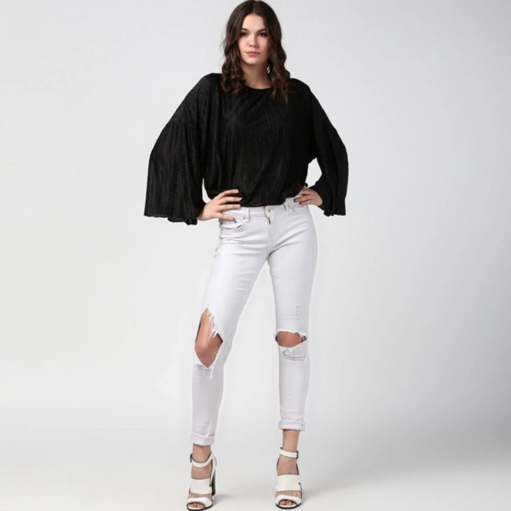 Women's Polyester Pleated Balloon Sleeve Top (Black) - Image 3