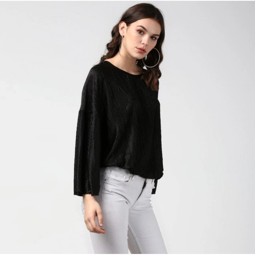 Women's Polyester Pleated Balloon Sleeve Top (Black) - Image 4