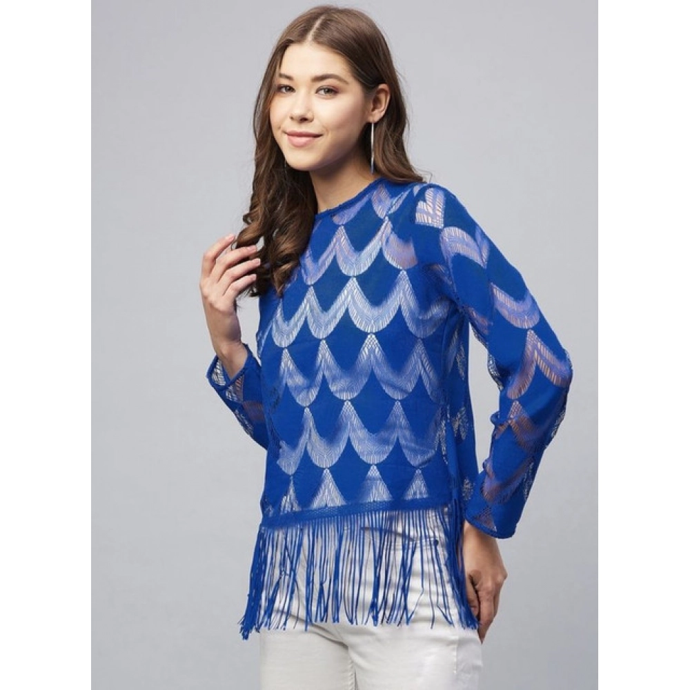 Women's Lace Self Design Long Sleeves Top (Blue) - Image 4