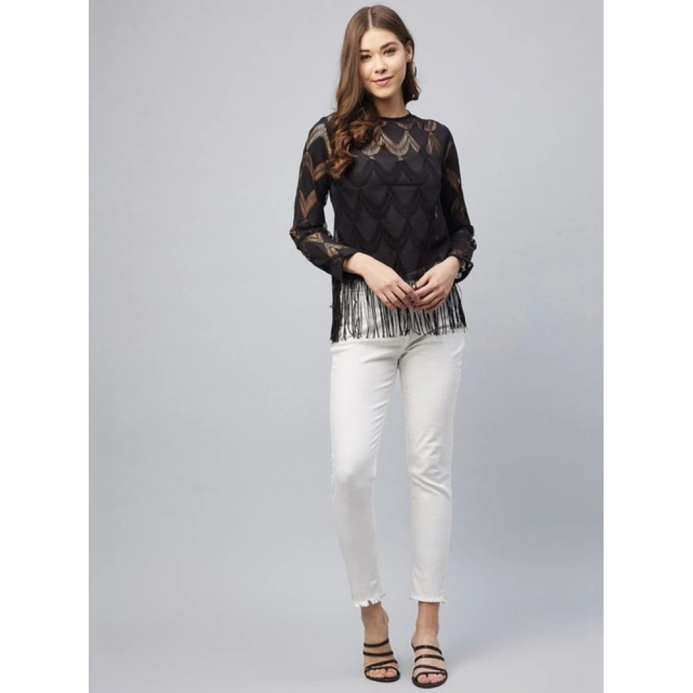 Women's Lace Self Design Short Sleeve Top (Black) - Image 2