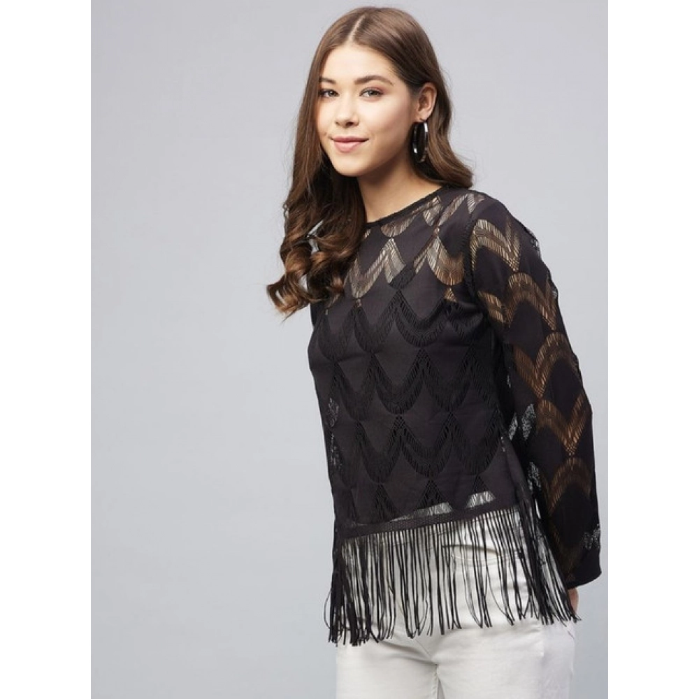 Women's Lace Self Design Short Sleeve Top (Black) - Image 3
