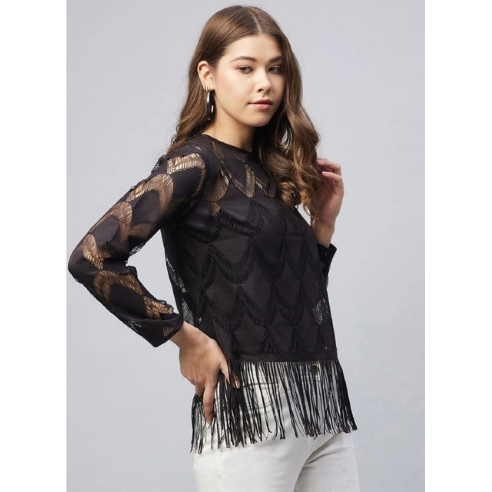 Women's Lace Self Design Short Sleeve Top (Black) - Image 4