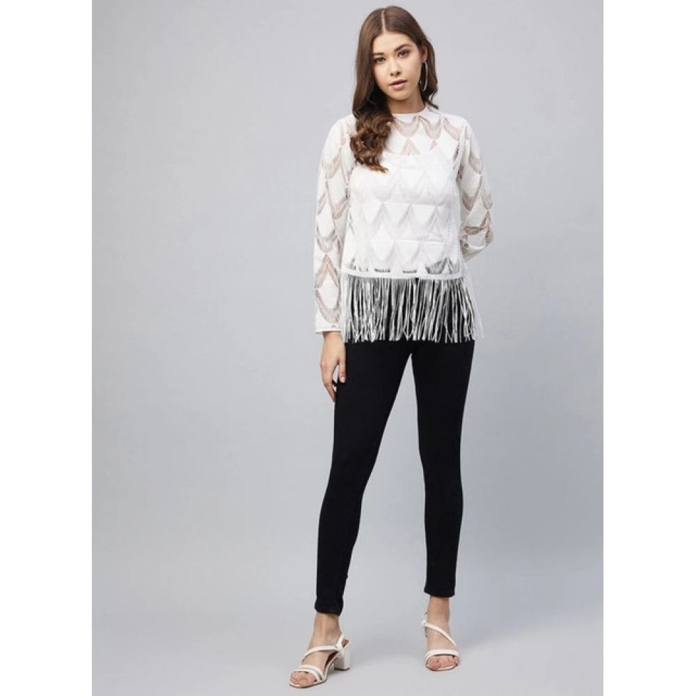 Women's Lace Self Design Short Sleeve Top (White) - Image 2