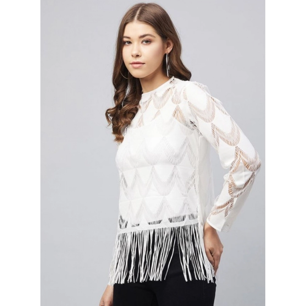 Women's Lace Self Design Short Sleeve Top (White) - Image 3
