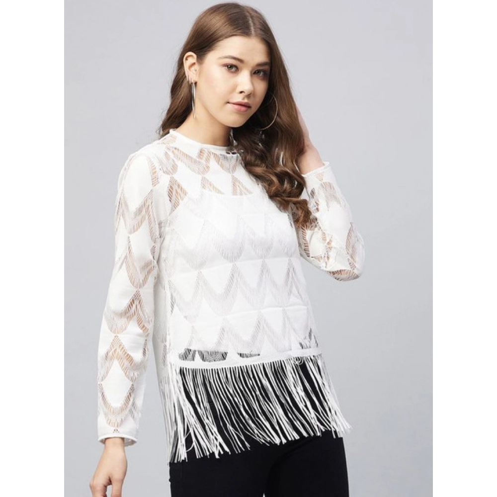 Women's Lace Self Design Short Sleeve Top (White) - Image 4