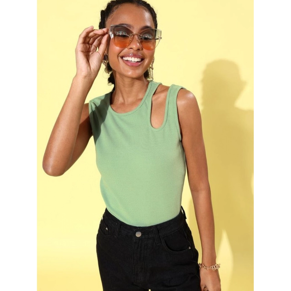 Women's Polyester Lycra Solid Sleeveless Top (Green) - Image 2