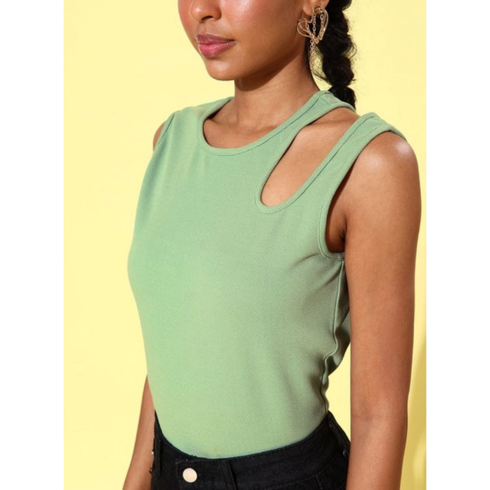Women's Polyester Lycra Solid Sleeveless Top (Green) - Image 4