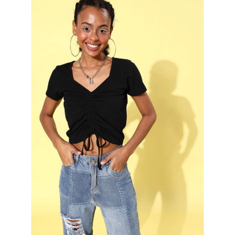 Women's Polyester Lycra Solid Short Sleeve Top (Black) - Image 2