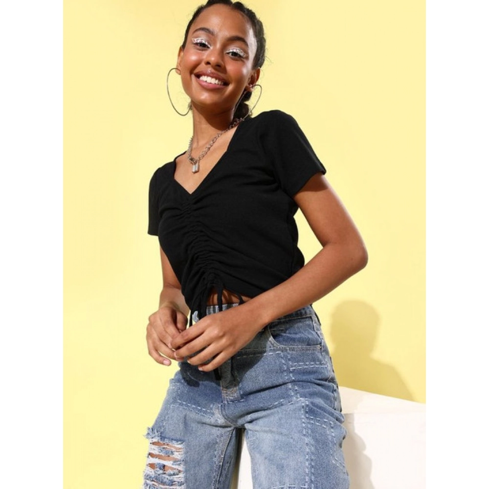 Women's Polyester Lycra Solid Short Sleeve Top (Black) - Image 3