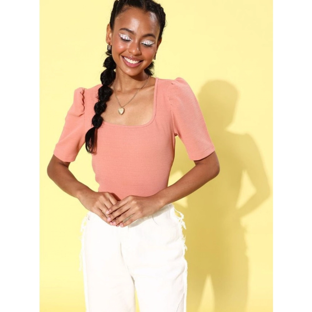 Women's Polyester Lycra Solid Short Sleeve Top (Pink) - Image 3