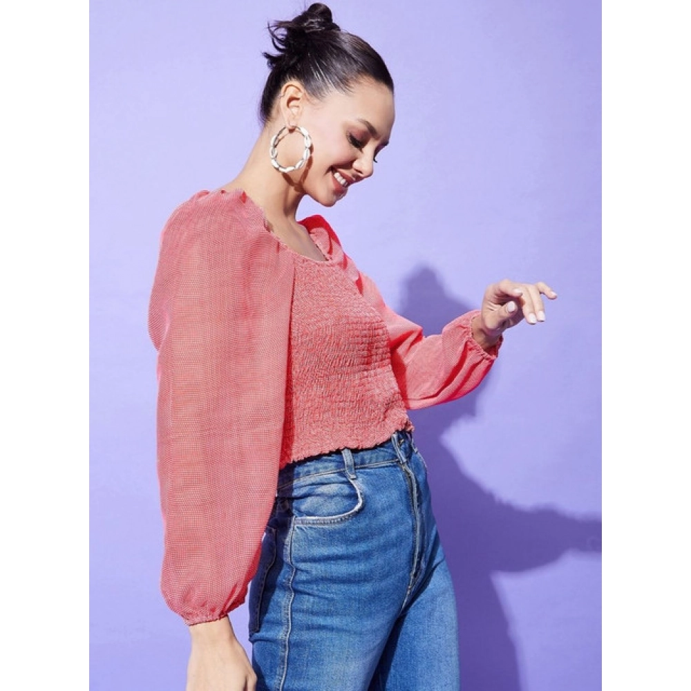 Women's Polyester Floral Long Sleeves Top (Red) - Image 3