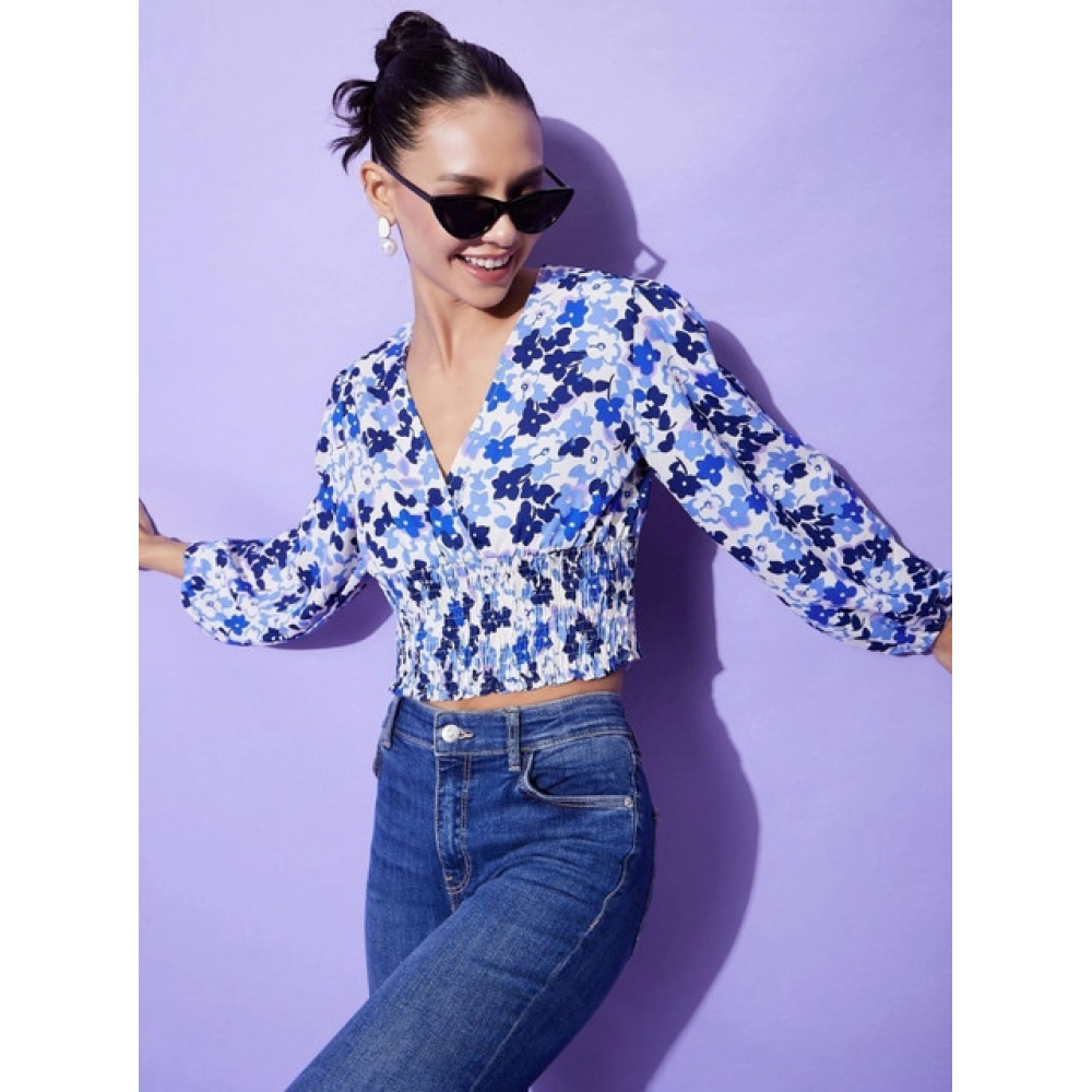 Women's Polyester Floral Long Sleeves Top (Blue) - Image 2