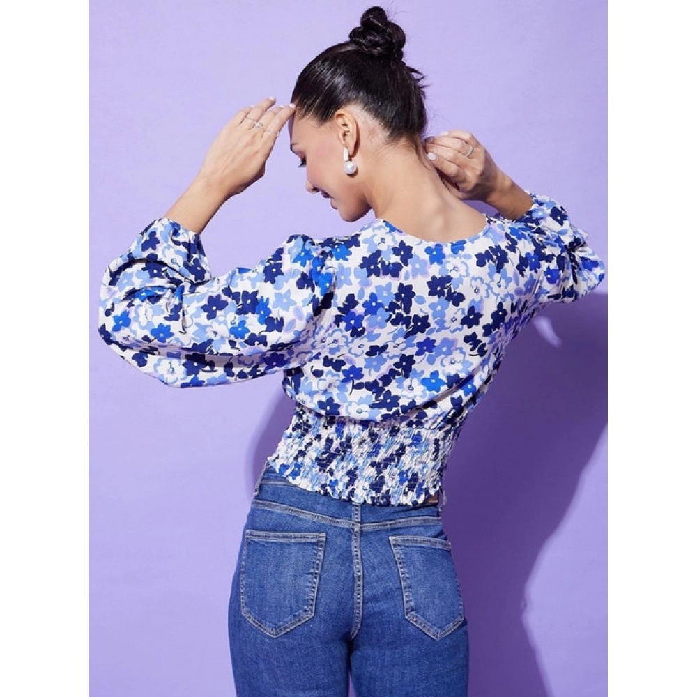 Women's Polyester Floral Long Sleeves Top (Blue) - Image 3