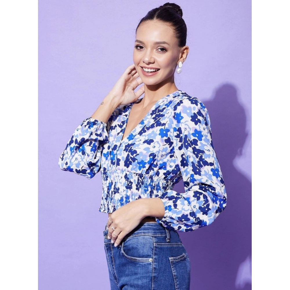 Women's Polyester Floral Long Sleeves Top (Blue) - Image 4
