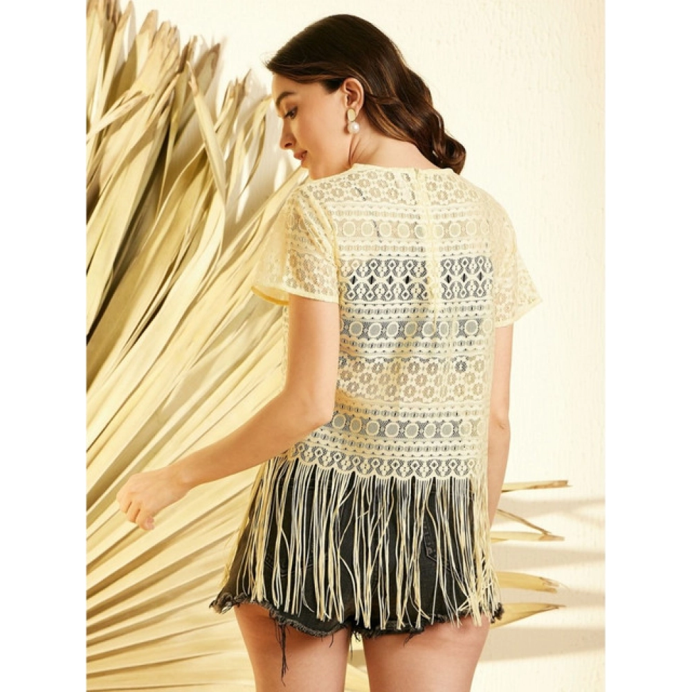 Women's Polyester Lace Self Design Short Sleeve Top (Yellow) - Image 2