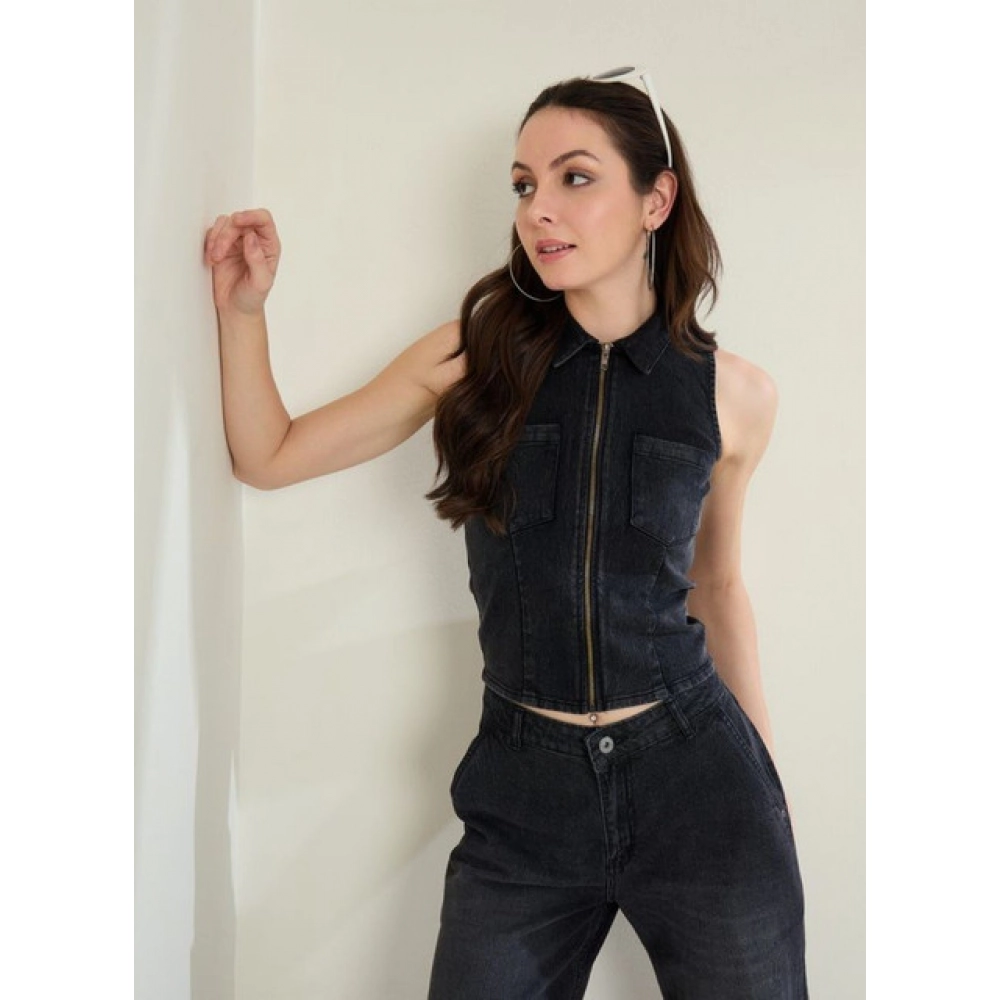Women's Denim Lycra Solid Sleeveless Top (Black) - Image 4