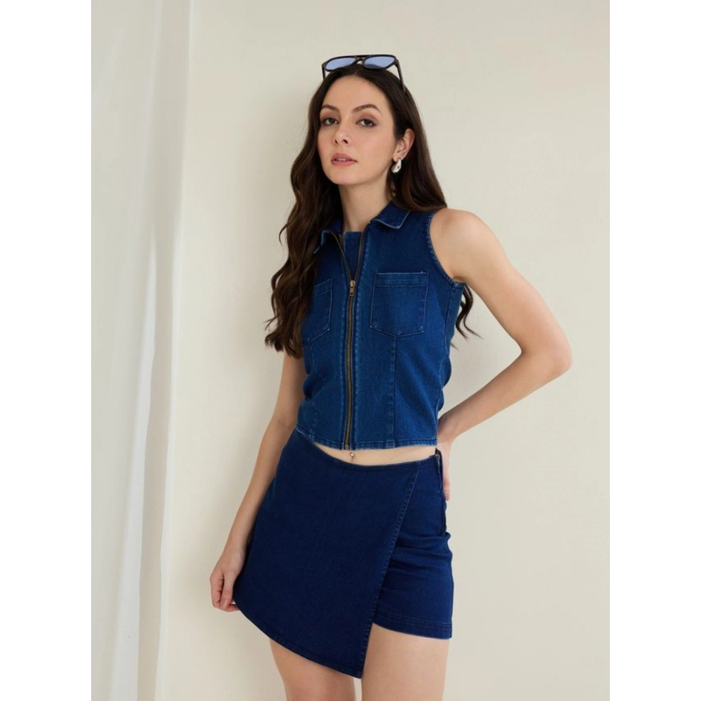 Women's Denim Lycra Solid Sleeveless Top (Blue) - Image 2