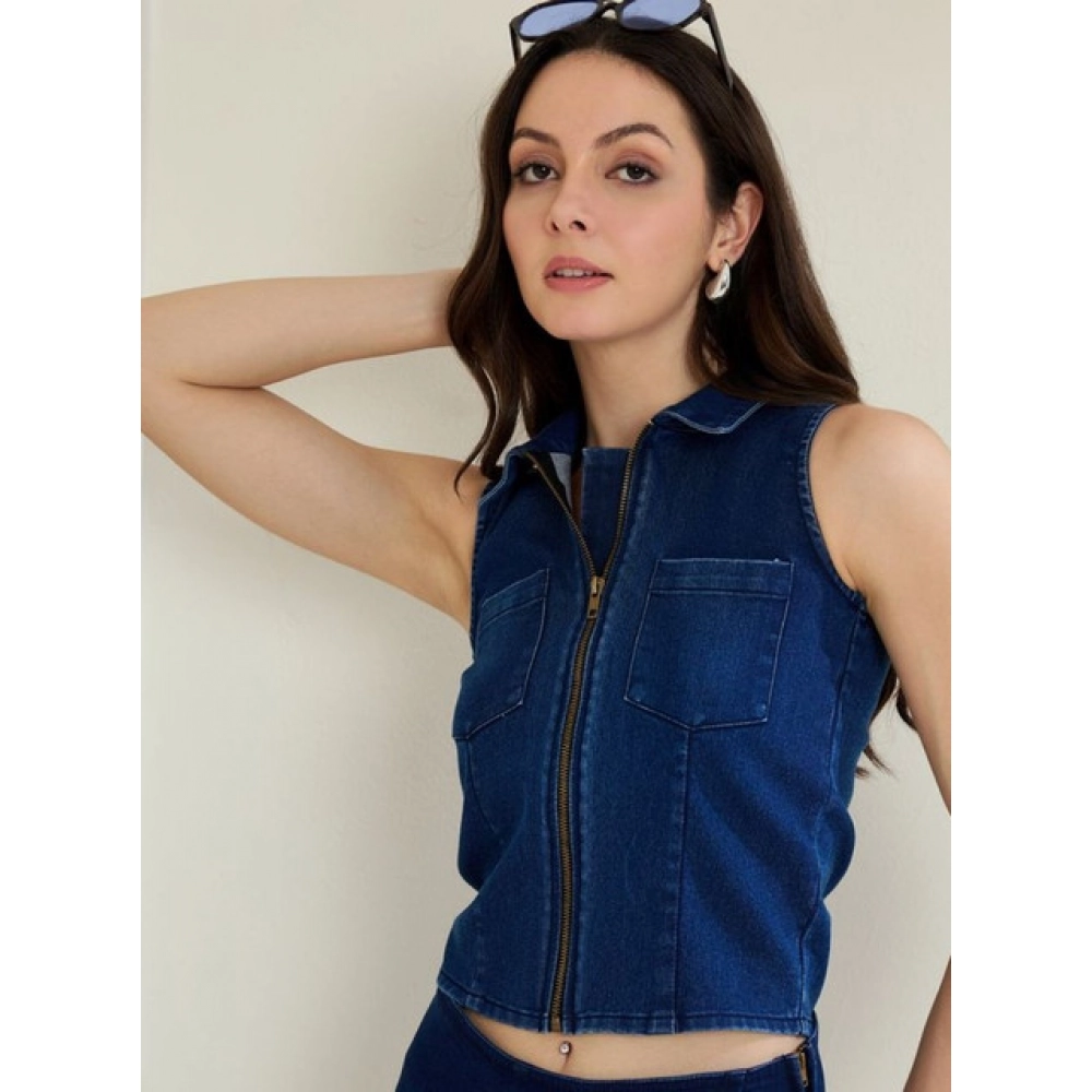 Women's Denim Lycra Solid Sleeveless Top (Blue) - Image 3