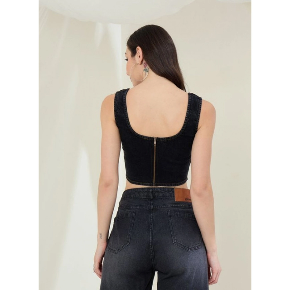 Women's Denim Lycra Solid Sleeveless Top (Black) - Image 2