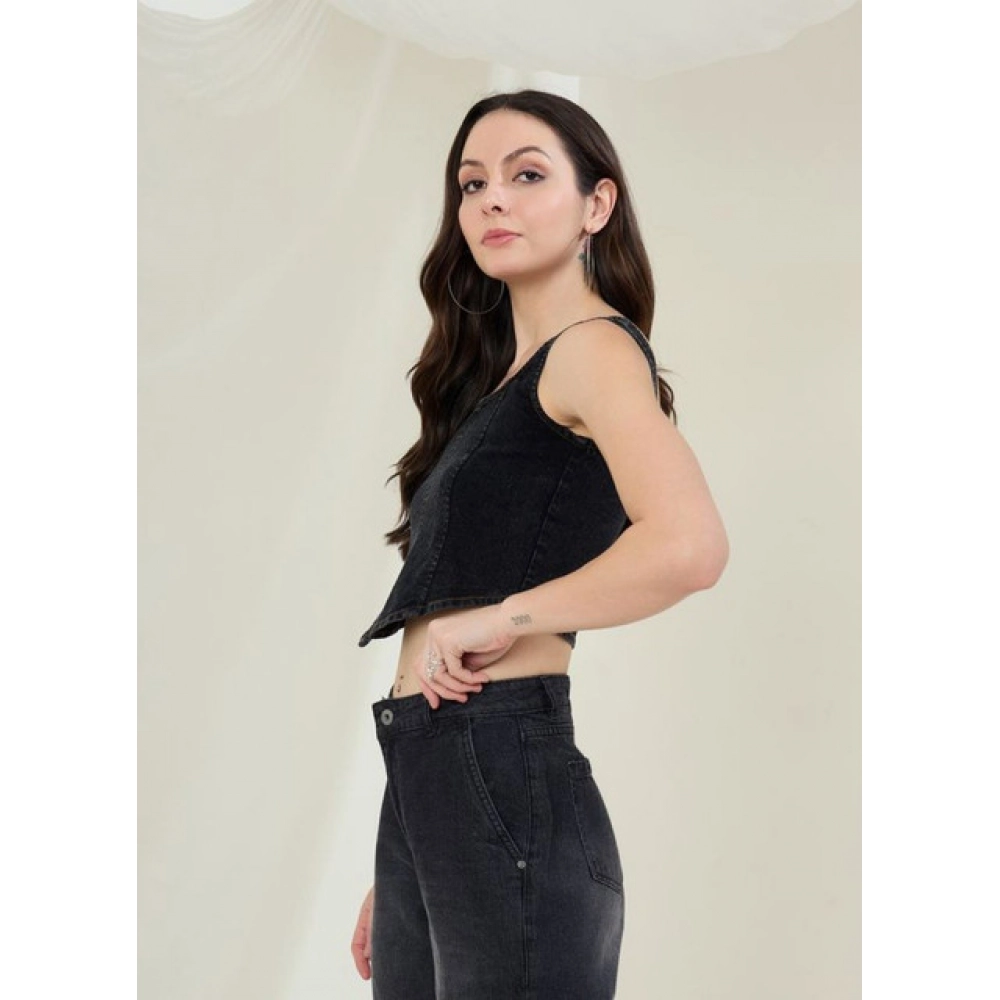 Women's Denim Lycra Solid Sleeveless Top (Black) - Image 3