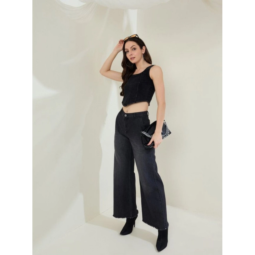 Women's Denim Lycra Solid Sleeveless Top (Black) - Image 4
