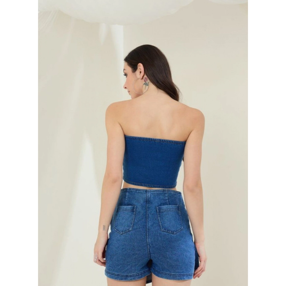 Women's Denim Lycra Solid Sleeveless Top (Blue) - Image 2