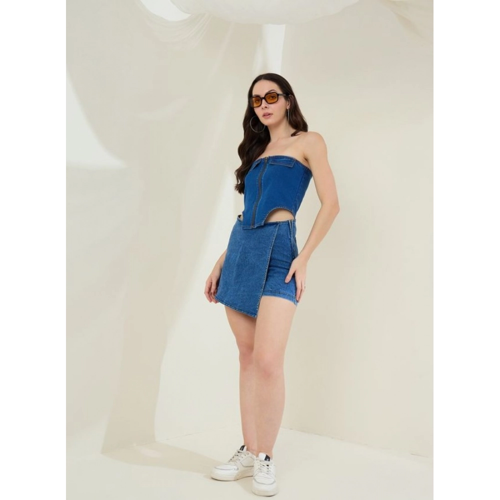Women's Denim Lycra Solid Sleeveless Top (Blue) - Image 3