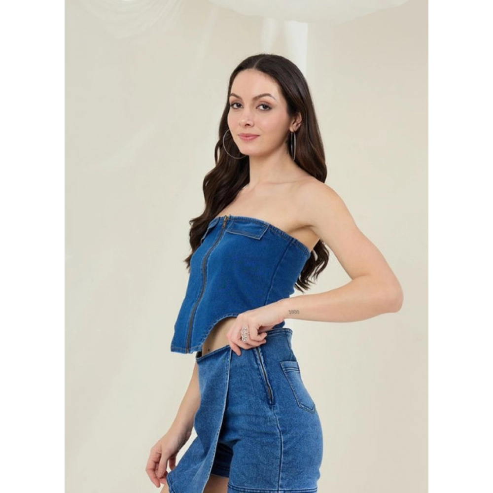 Women's Denim Lycra Solid Sleeveless Top (Blue) - Image 4