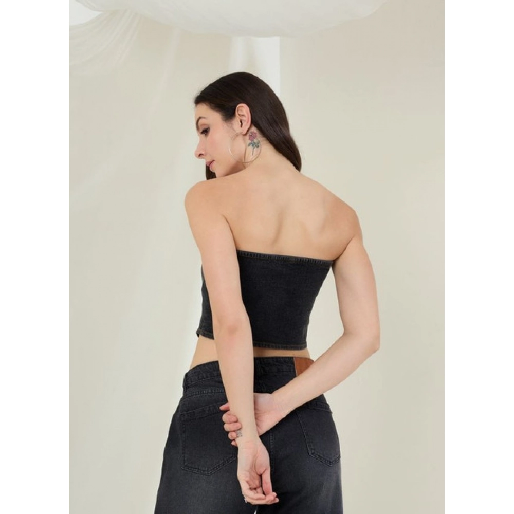 Women's Denim Lycra Solid Sleeveless Top (Black) - Image 3