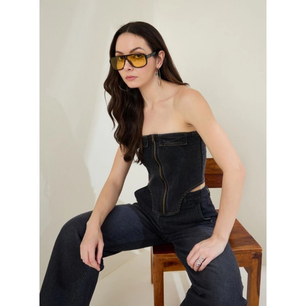 Women's Denim Lycra Solid Sleeveless Top (Black) - Image 4