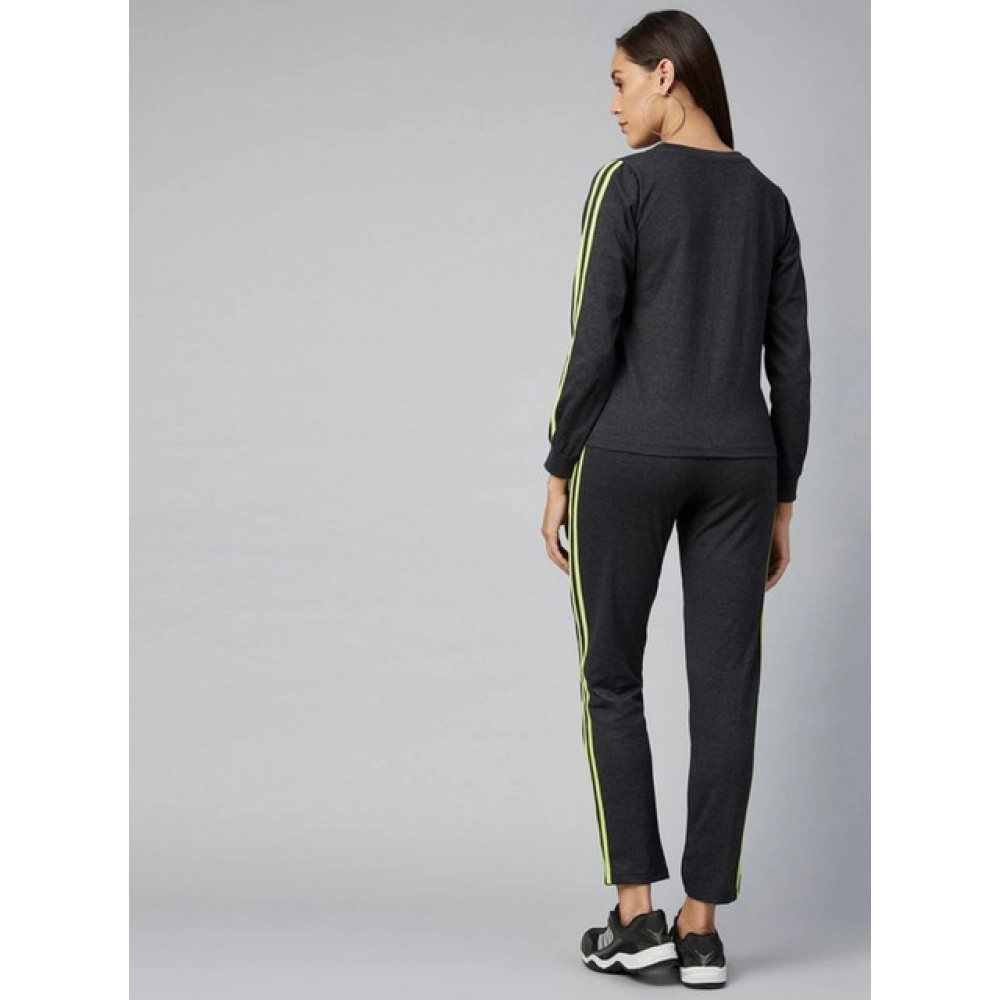 Women's Cotton Solid Long Sleeves Tracksuit (Dark Grey - Green) - Image 2