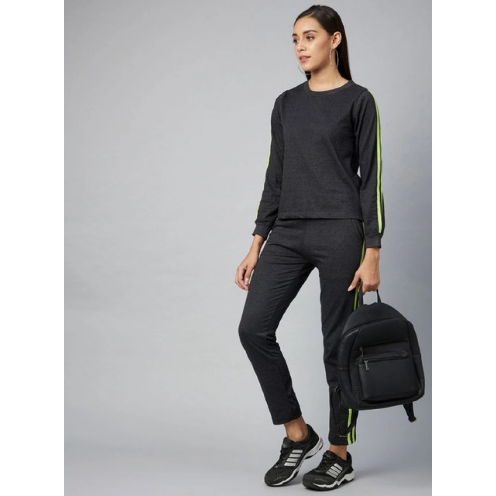 Women's Cotton Solid Long Sleeves Tracksuit (Dark Grey - Green) - Image 3