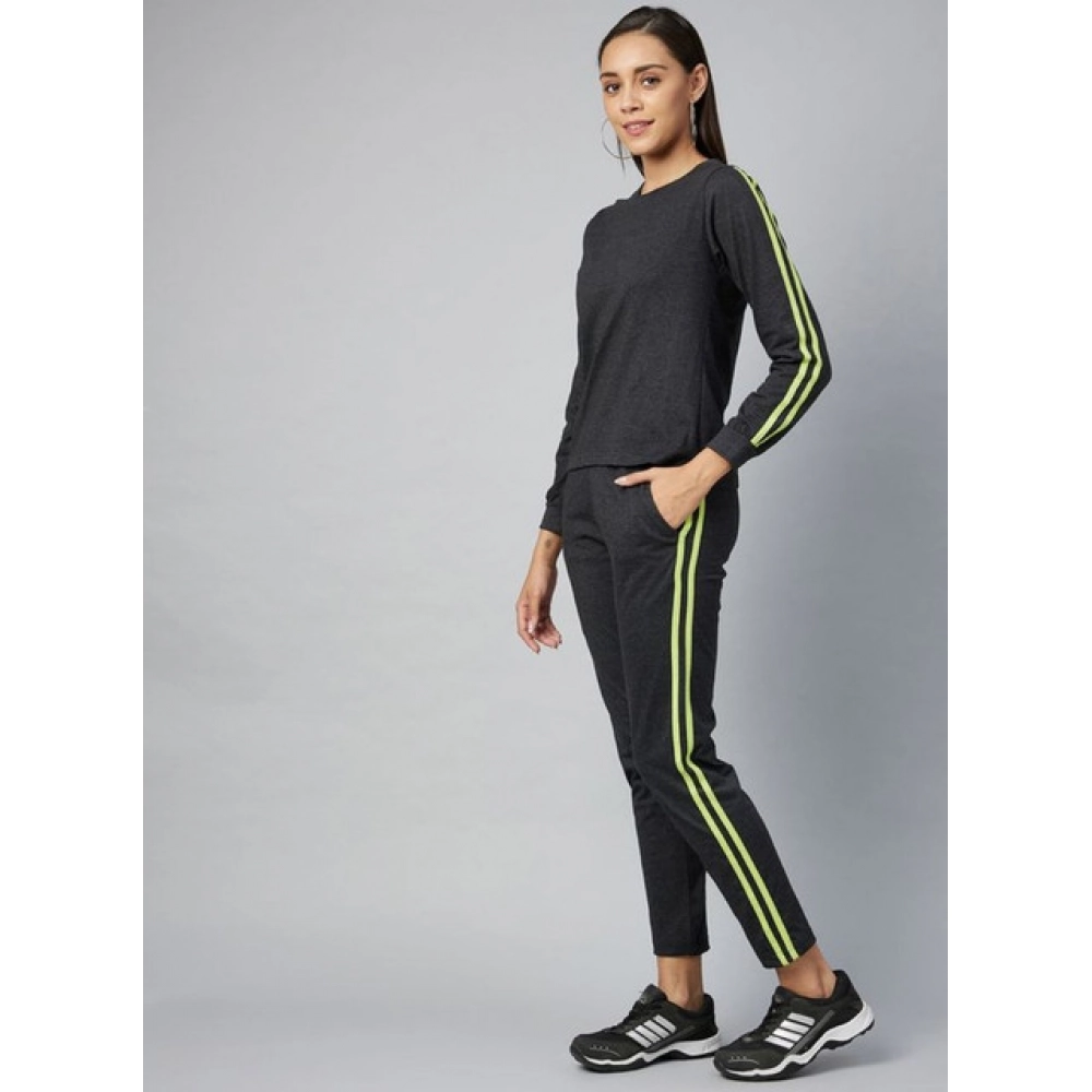 Women's Cotton Solid Long Sleeves Tracksuit (Dark Grey - Green) - Image 4