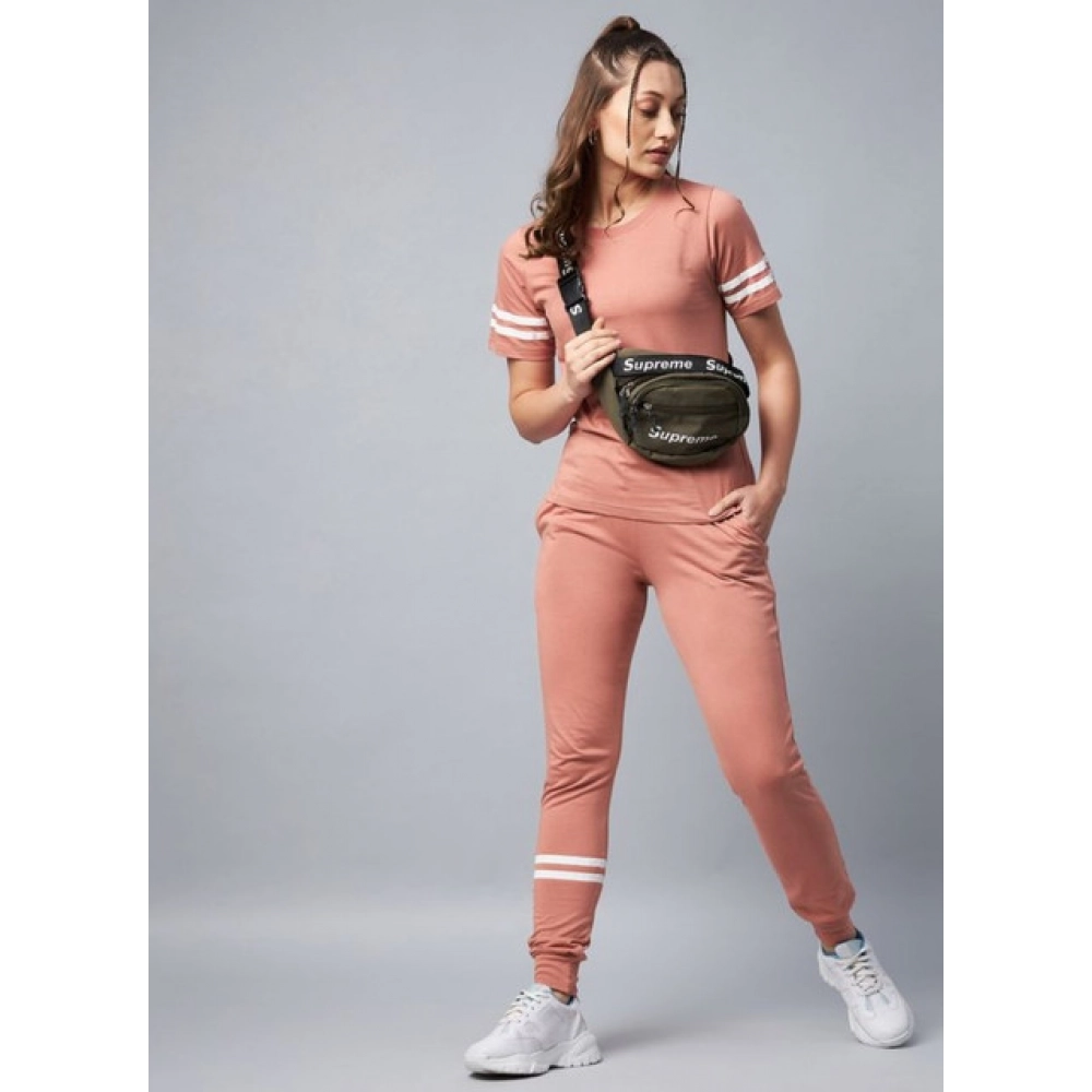 Women's Cotton Striped Short Sleeve Tracksuit (Pink) - Image 2