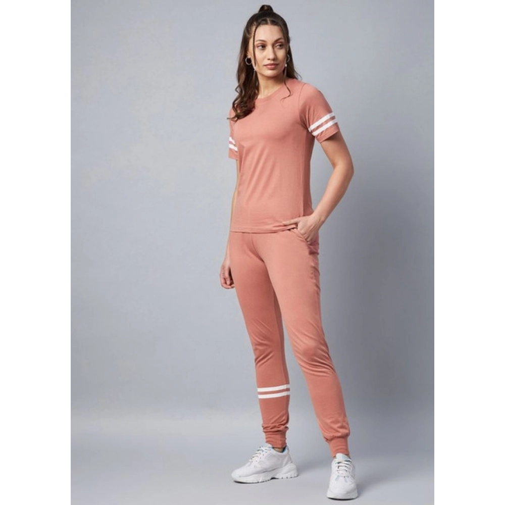 Women's Cotton Striped Short Sleeve Tracksuit (Pink) - Image 3