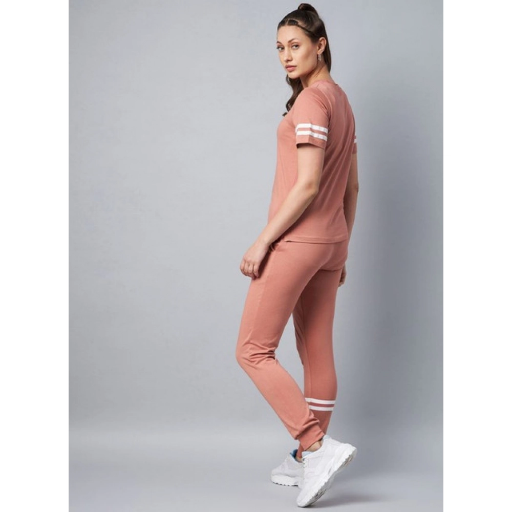 Women's Cotton Striped Short Sleeve Tracksuit (Pink) - Image 4