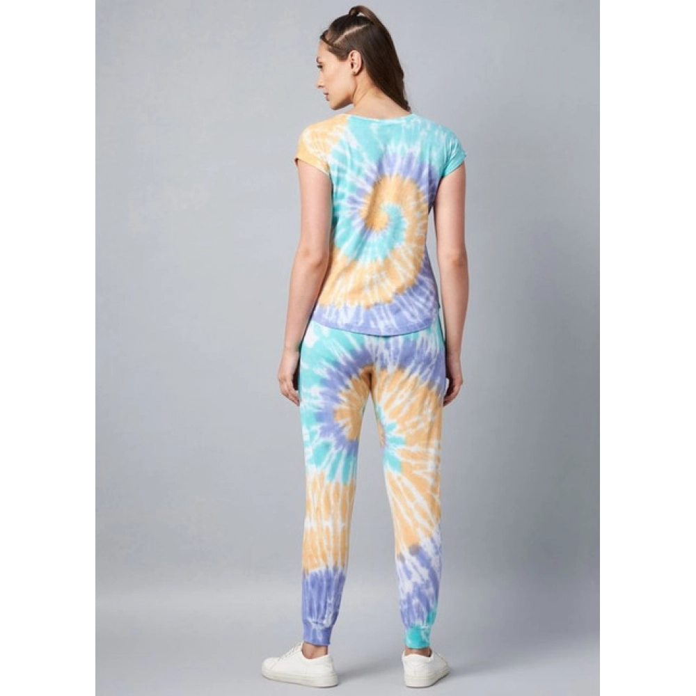 Women's Cotton Tie And Dye Short Sleeve Tracksuit (Multicolor) - Image 2