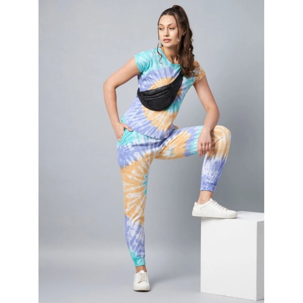 Women's Cotton Tie And Dye Short Sleeve Tracksuit (Multicolor) - Image 3