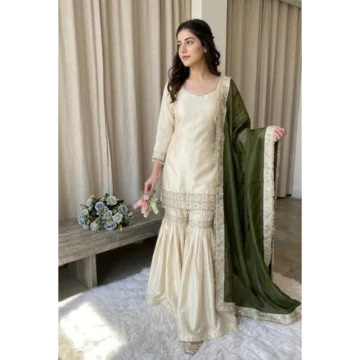 Women's Silk Embroidered 3/4th Sleeve V-Neck Kurti With Sharara Pant and Dupatta Set (Cream & Green)