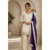 PID 66485 Women s Silk Embroidered 3 4th Sleeve Round Kurti With Palazzo and Dupatta Set Cream 1 1000x1000 1 Women's Silk Embroidered 3/4th Sleeve V-Neck Kurti With Sharara Pant and Dupatta Set (Cream & Purple)