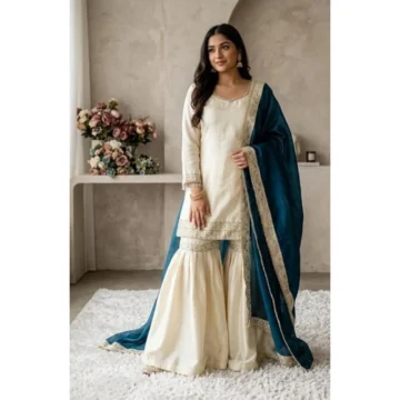 Women's Silk Embroidered 3/4th Sleeve V-Neck Kurti With Sharara Pant and Dupatta Set (Cream & Teal)